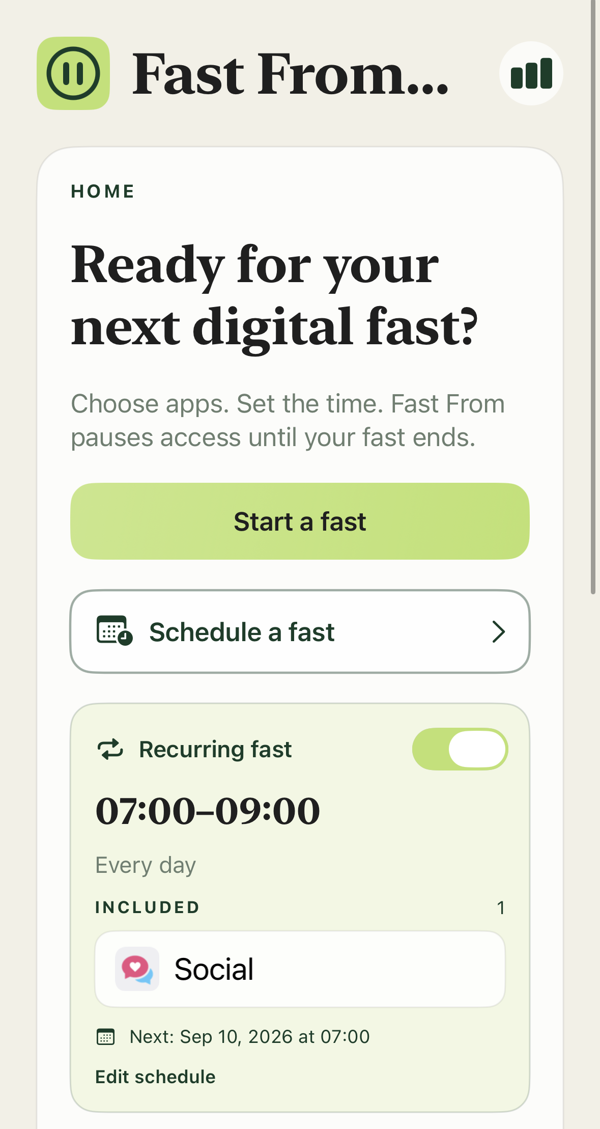Fast From home screen with start, schedule, and recurring fast options